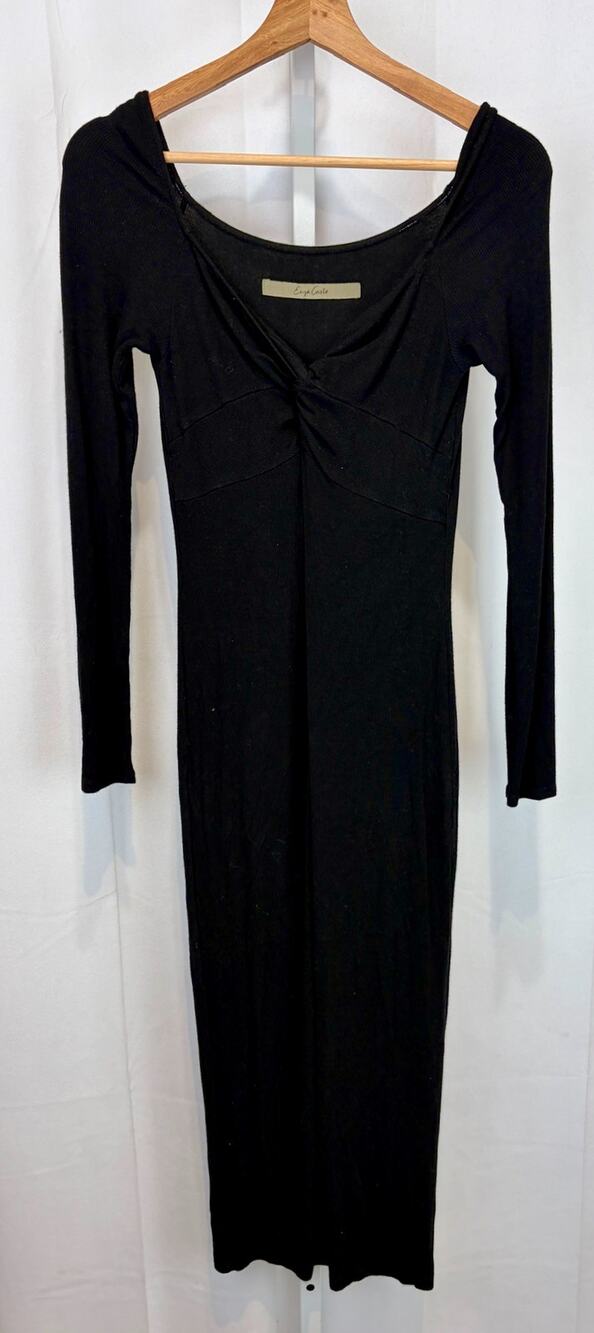 ENZA COSTA Rib Off Shoulder Twist Midi Dress Stretch Viscose Silk Black Size M